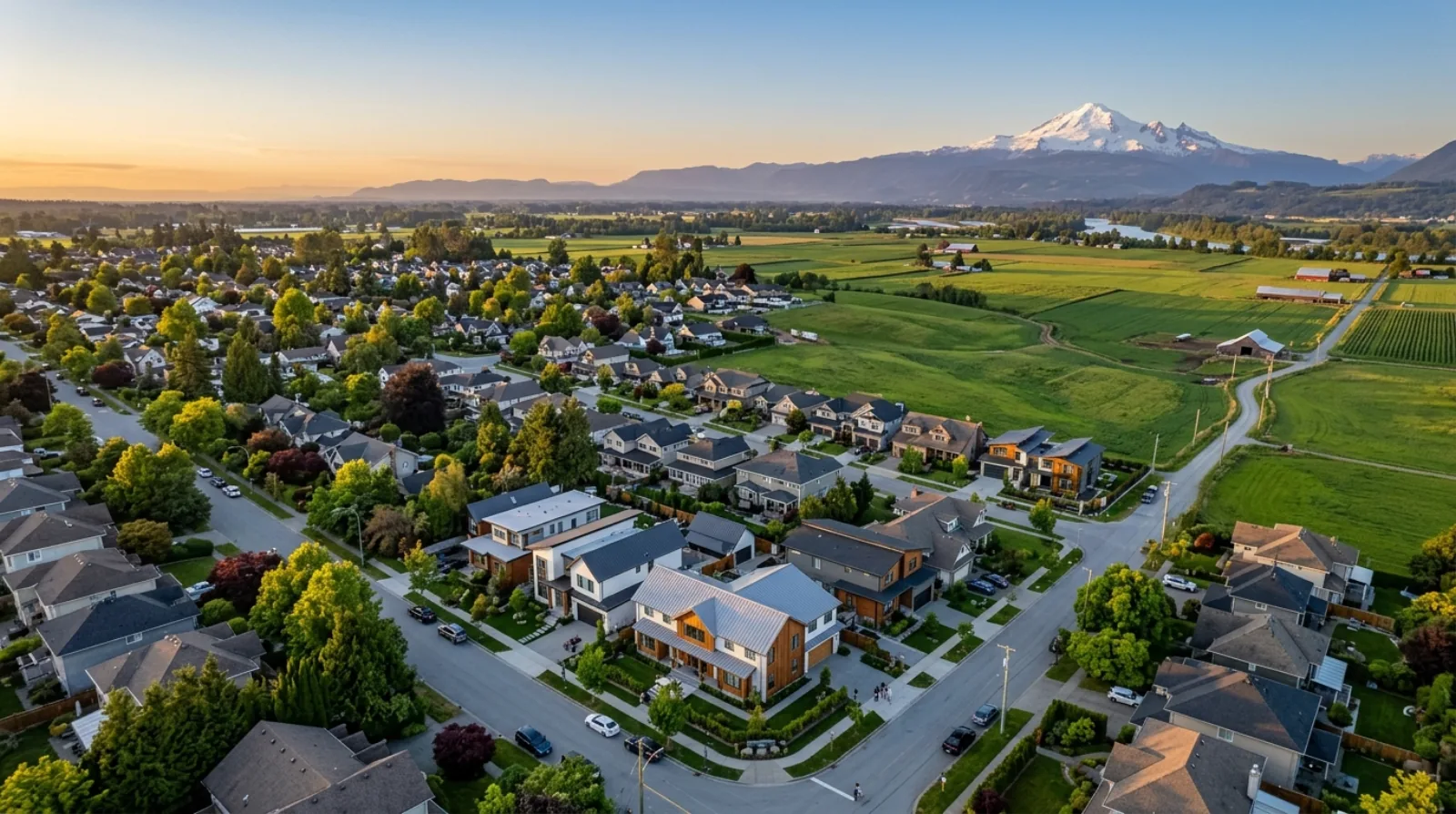 Aerial view of an Abbotsford residential area at golden hour — a mix of modern custom homes and established houses on generous lots, edged by Fraser Valley farmland with Mount Baker on the horizon.