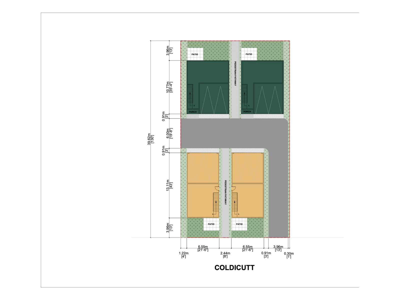 Site plan drawing for 7609 Coldicutt in Burnaby showing four home footprints in two pairs, a central pedestrian pathway, patios, and dimensions including a 39.62 m lot depth and 6.55 m unit widths