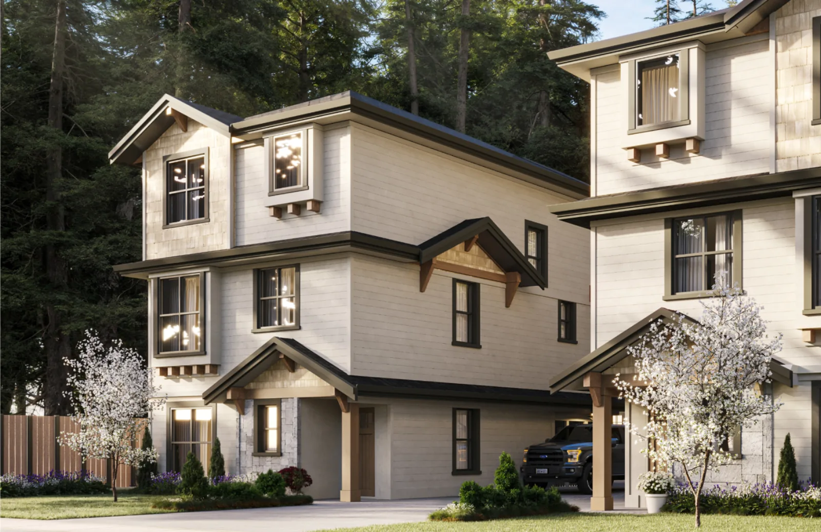 Evening exterior render of two of the four detached homes at 7609 Coldicutt in Burnaby, warm light in the windows, timber bracket gable entries and a covered carport