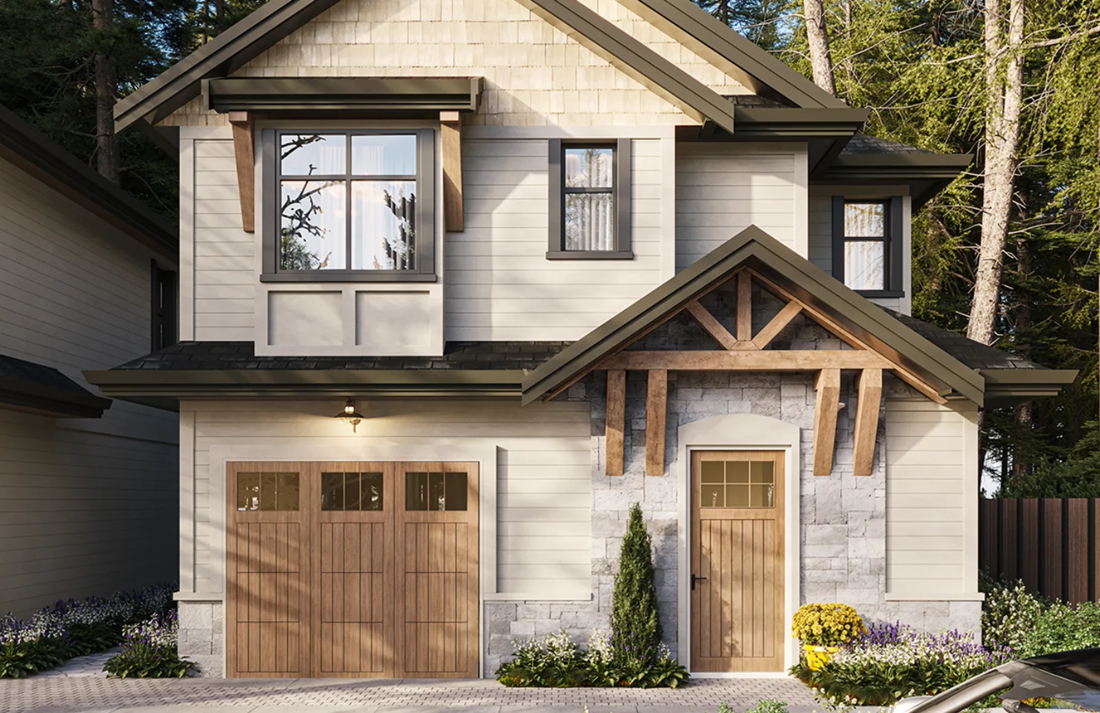 Front exterior render of 7609 Coldicutt — a detached-strata multiplex home with a wood garage door, stone base and timber-bracket entry