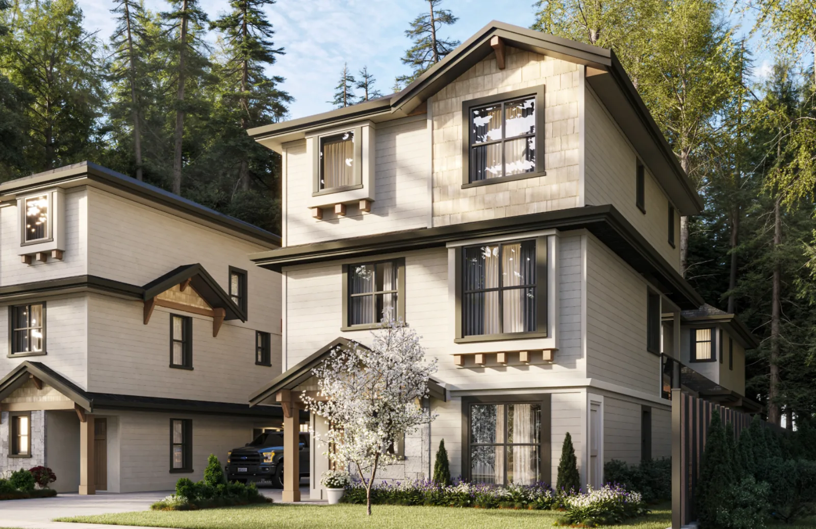 Corner exterior render of a 7609 Coldicutt home in daylight, showing the full two-storey massing among the trees