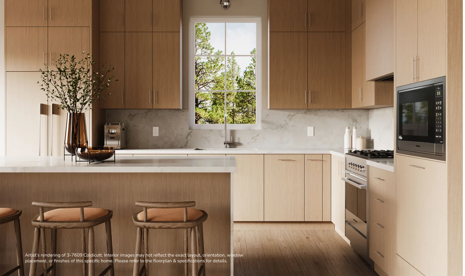 Kitchen render at 7609 Coldicutt — West Coast millwork, quartz island with seating and a Fisher & Paykel suite