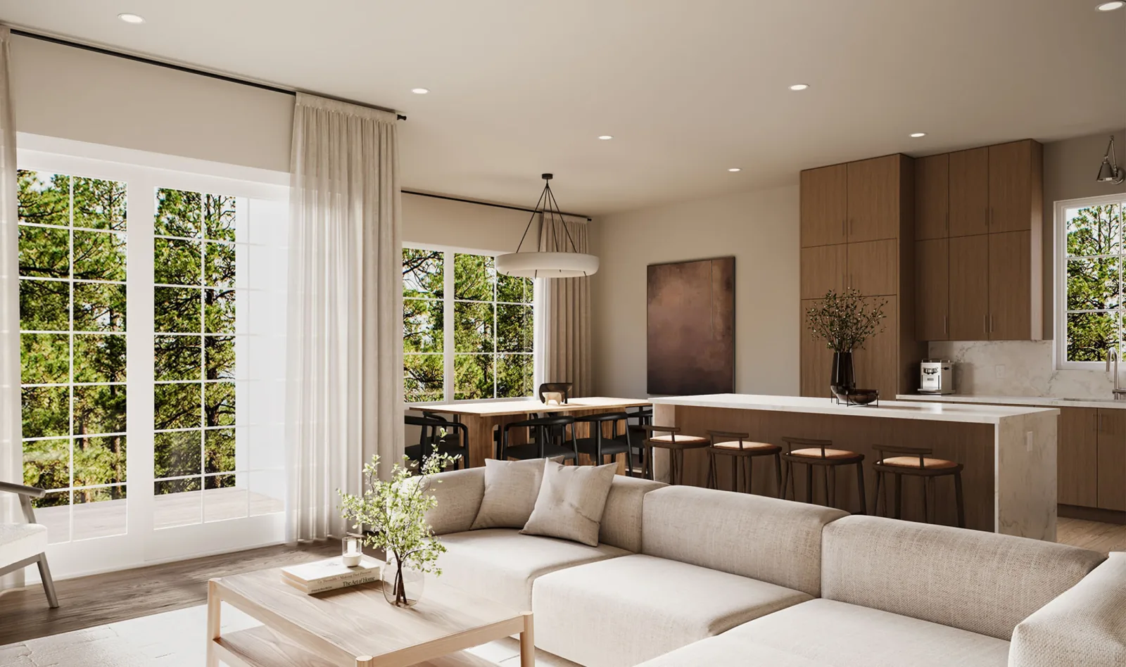Great room render at 7609 Coldicutt — sofa and full-height glazing opening to the kitchen and dining beyond