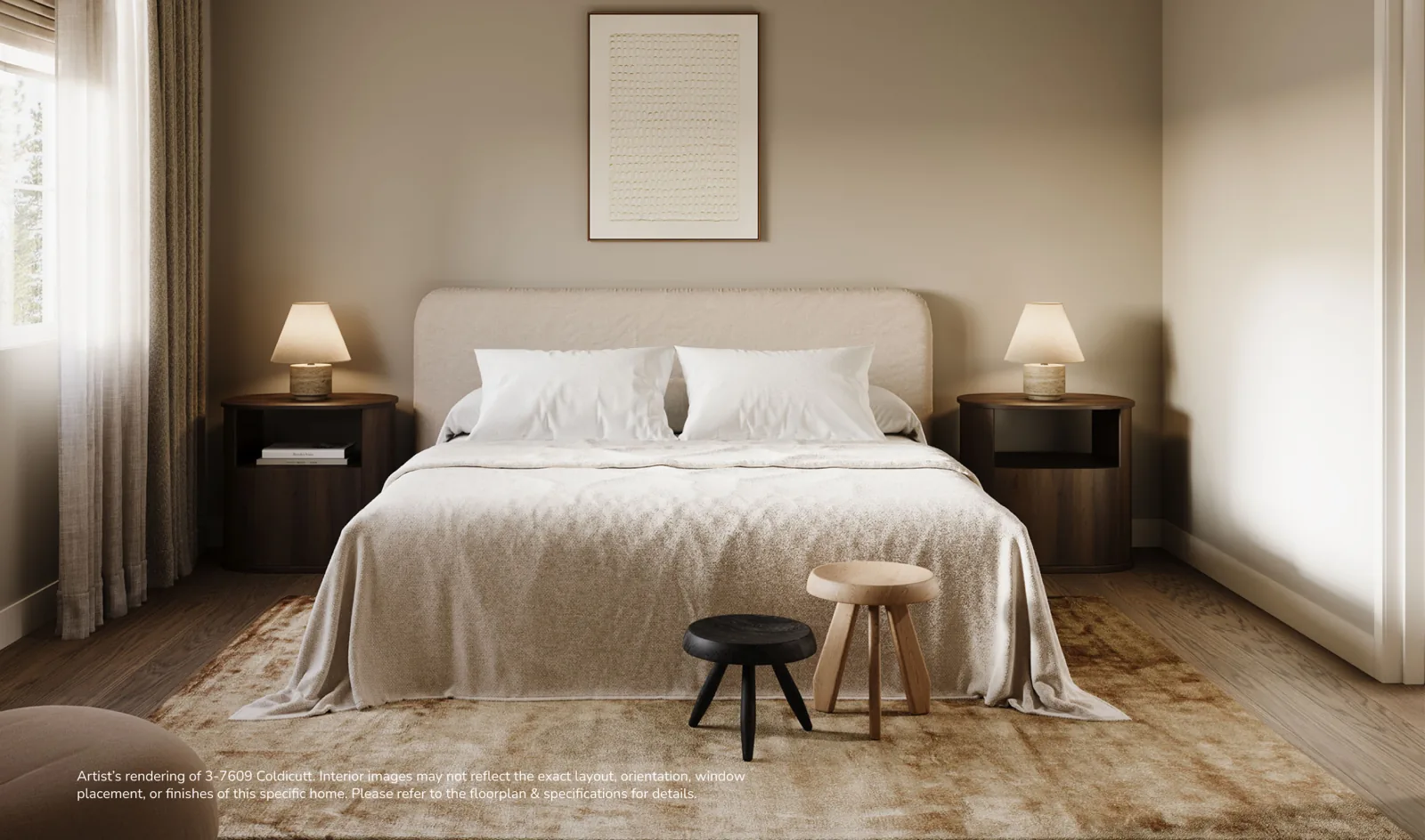 Primary bedroom render at 7609 Coldicutt — a calm, park-facing room with its ensuite a few steps away