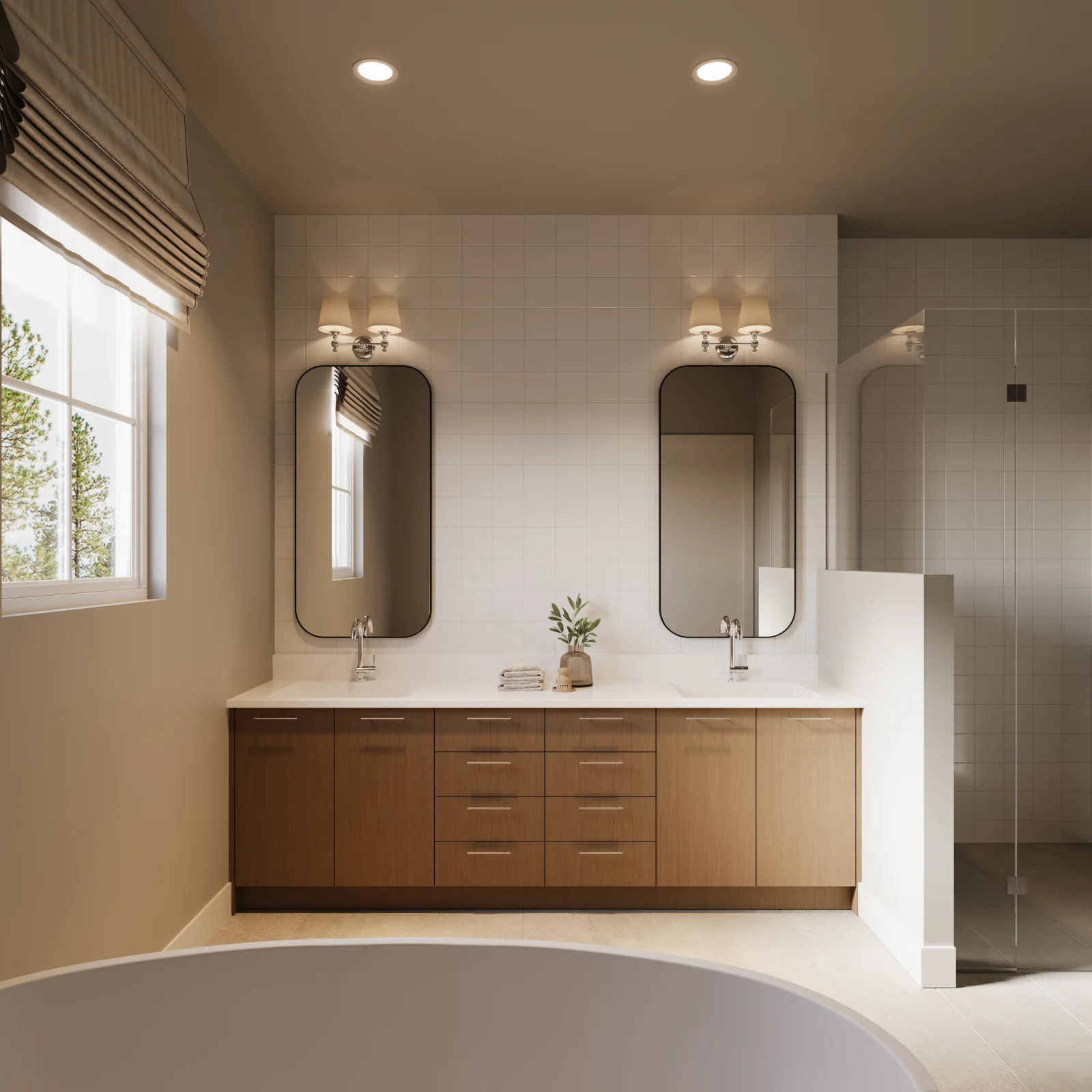 Primary ensuite render at 7609 Coldicutt — double floating vanity, large-format porcelain and frameless glass