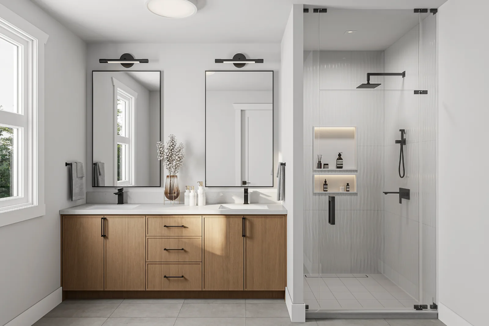 Second ensuite render at 7609 Coldicutt — floating vanity and a frameless walk-in shower