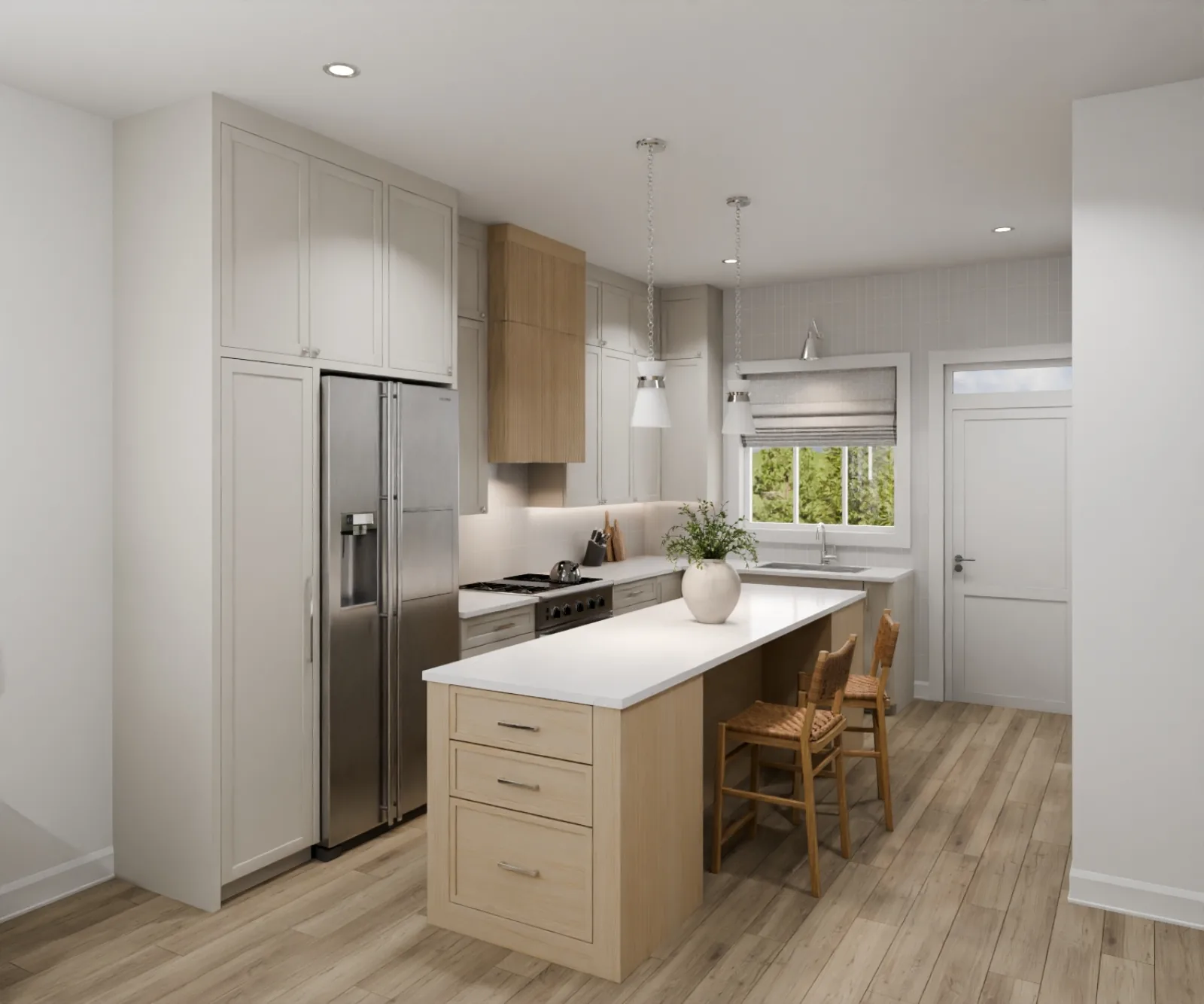 The kitchen is where the day begins — custom millwork, quartz and Bova Interiors' careful hand, built to a custom-home standard inside an Abbotsford rowhome.