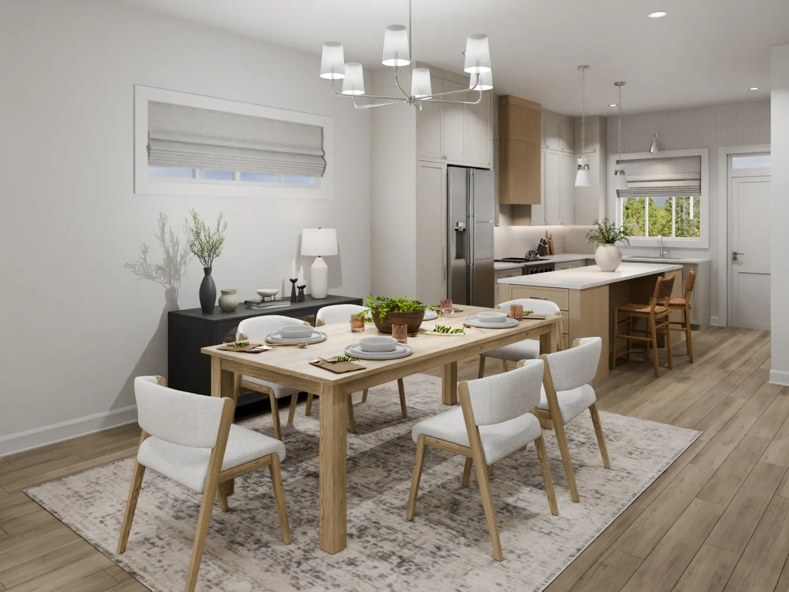 Dining sits in the warm middle of the main floor — close enough to the kitchen for easy weeknights, open enough for a table full of people.