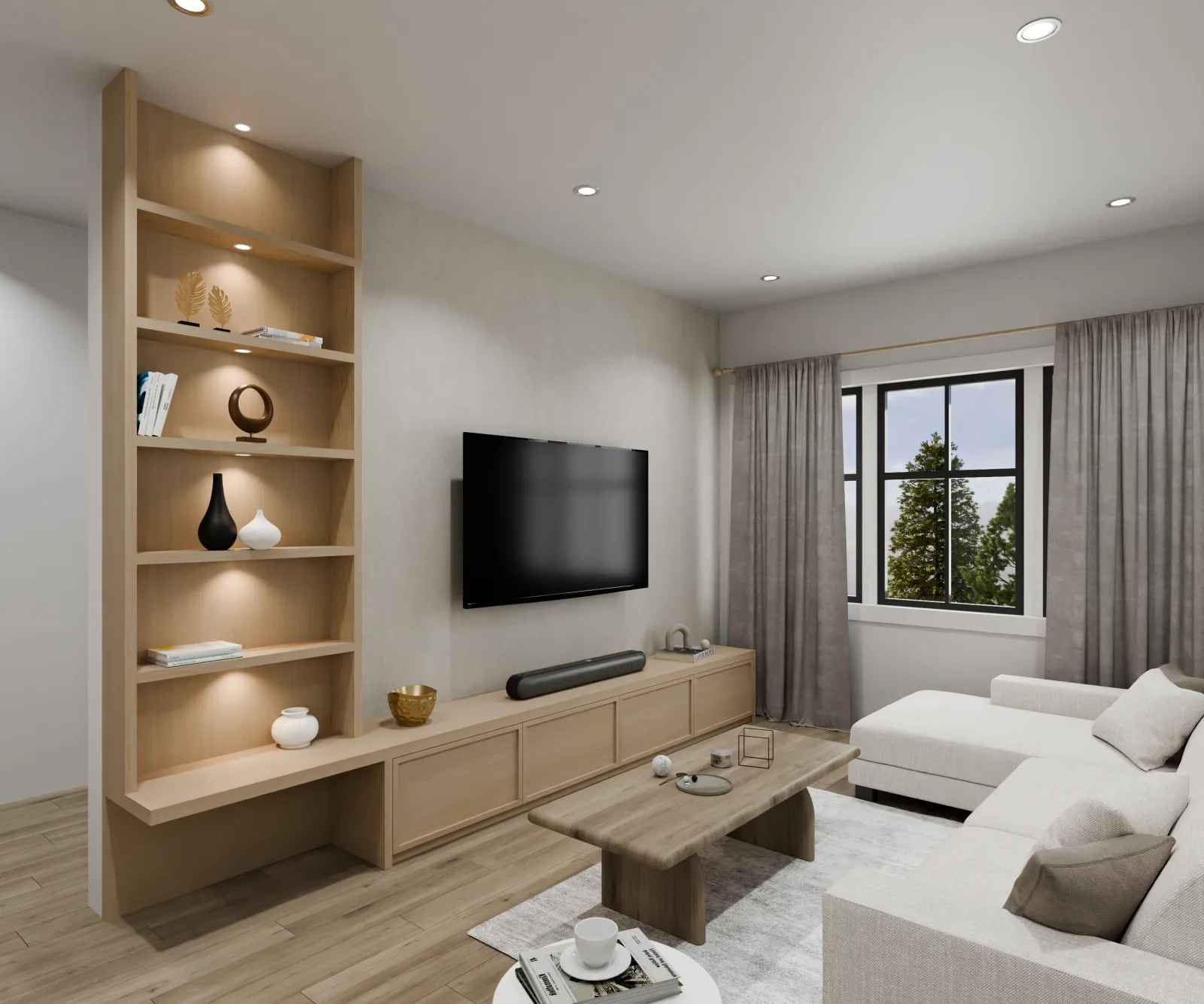 Another angle on the great room — engineered floors, clean millwork and the unhurried calm of West Coast modern done right.