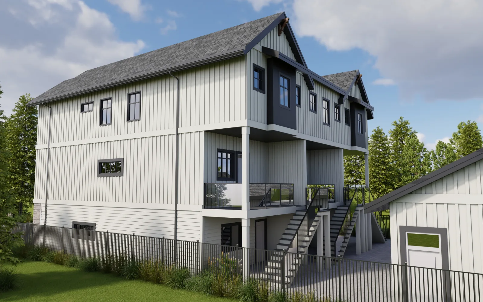 From the rear corner, each home keeps its own yard and its own quiet lower entrance — space for a suite, a studio, or simply room to breathe.