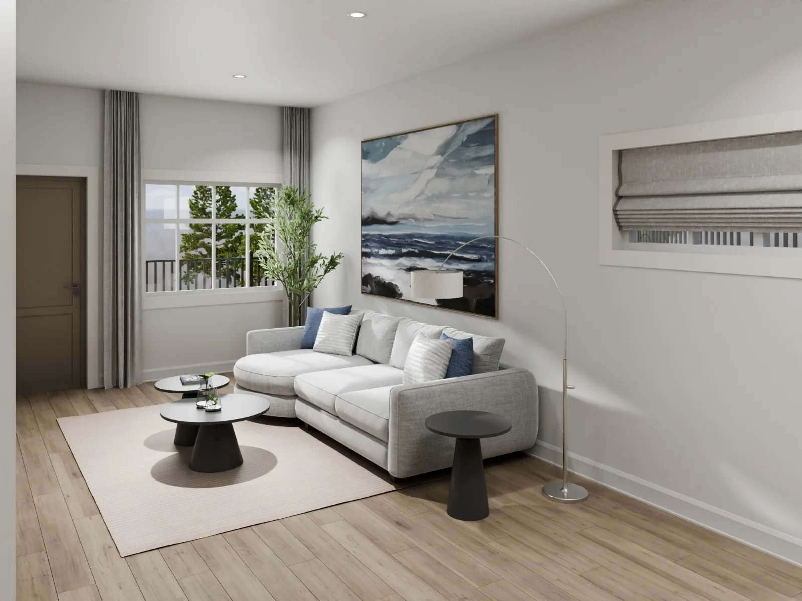 Living, dining and kitchen flow as one bright room — the kind of open main floor a family actually lives in.