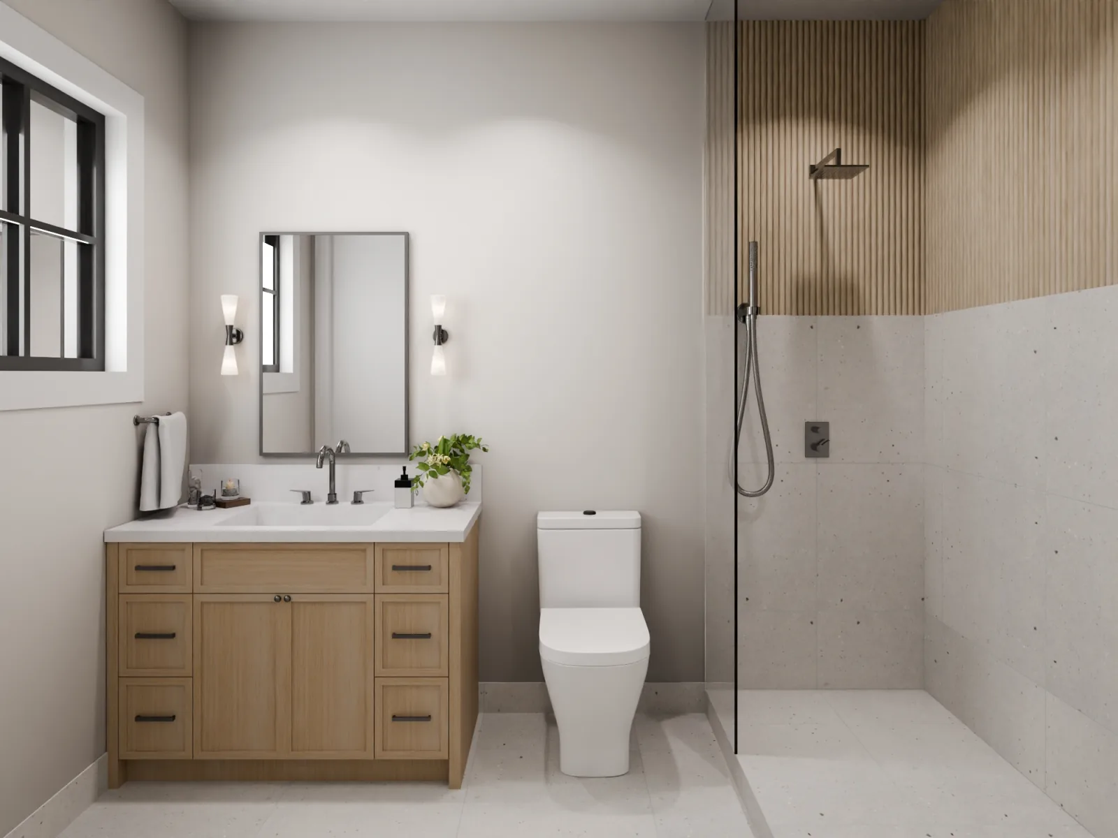 The ensuite leans spa — quartz, large-format tile, glass and a stillness Bova Interiors designed on purpose.