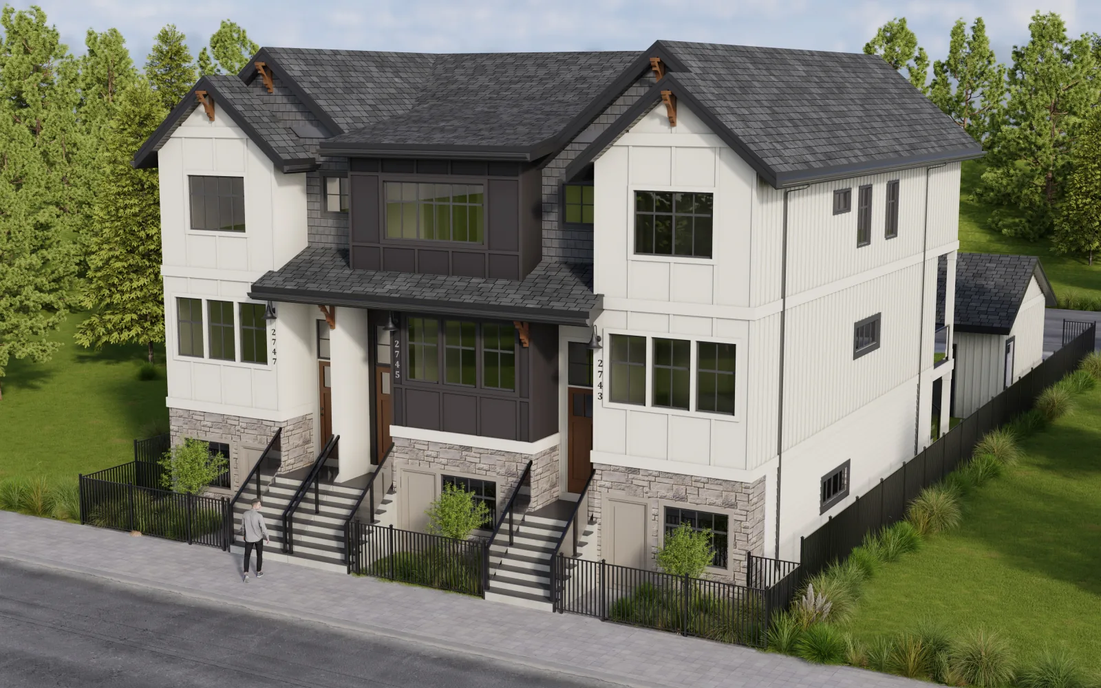 From the right, the street rhythm reveals itself: three front doors, three garages, three separate fee-simple homes — neighbours by design, independent by title.